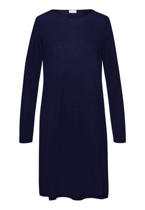 Abito navy a maniche lunghe realizzato in tessuto morbido, con scollo rotondo, vestibilità rilassata e orlo dritto con leggeri spacchi laterali.