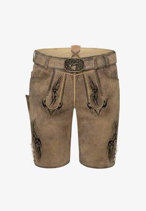 Braune Lederhosen mit dekorativer schwarzer Naht, einer Metallschließe mit einem Hirschmotiv und einer Seitentasche mit Knopfakzenten.