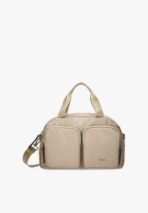 Sac à bandoulière rectangulaire beige avec deux poches avant zippées, deux anses en tissu, bandoulière amovible et petit logo de la marque sur la poche avant.