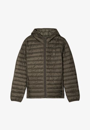 Olivgrüne Steppjacke mit Kapuze, ausgestattet mit einem Frontreißverschluss, gesteppter Textur und elastischen Bündchen für Wärme und Komfort.