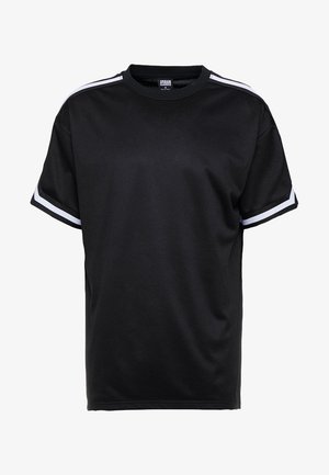 T-shirt noir à manches courtes en tissu mesh, avec des accents rayés blancs sur les manches et un col rond.