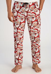 Rode pyjamabroek met een herhaald patroon van lachende kerstman gezichten, gemaakt van lichtgewicht stof met een elastische tailleband en een trekkoord.