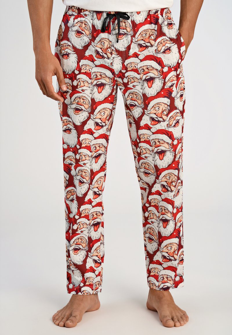 Rode pyjamabroek met een herhaald patroon van lachende kerstman gezichten, gemaakt van lichtgewicht stof met een elastische tailleband en een trekkoord.