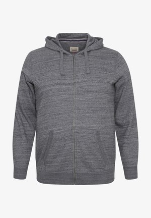 Grå zip-up hættetrøje med et tekstureret stof, udstyret med snøre i hætten og sidelommer, designet til komfort og afslappet brug.