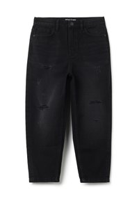 Jeans de mezclilla negra de corte holgado, con parches desgastados y bordes deshilachados. Diseño estándar de cinco bolsillos con cierre de botón.