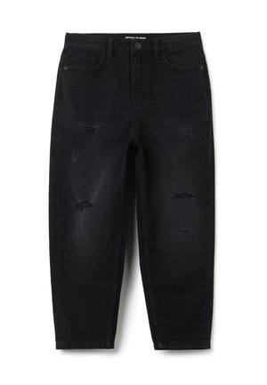 Schwarze Denim-Jeans mit lockerer Passform, die mit abgenutzten Flicken und ausgefransten Kanten versehen sind. Standard-Fünf-Taschen-Design mit Knopfverschluss.