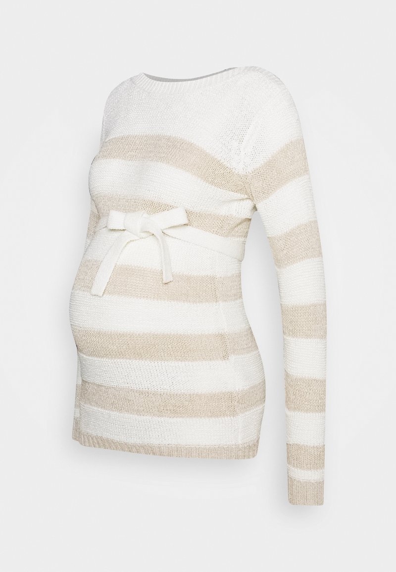 Pull de maternité avec des rayures horizontales beige et blanches, manches longues, et ceinture nouée en nœud au-dessus du ventre.
