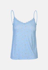 Ljusblå camisole med justerbara spaghetti-stroppar, prydd med en delikat spetskant och ett litet blommönster över hela. Mjuk och andningsbar tyg.