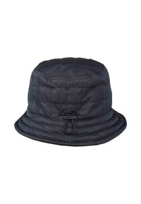 Zwarte gewatteerde bucket hat met verstelbaar koord en schakel aan de zijkant, van zachte stof met gestikt vierkant patroon.