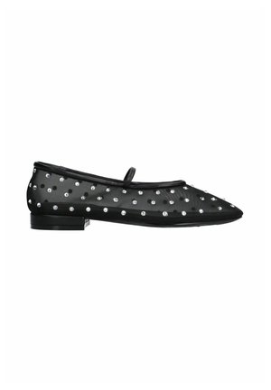 Black mesh ballet flats with a pointed toe, adorned with rhinestones in a polka dot pattern and a thin strap across the instep.