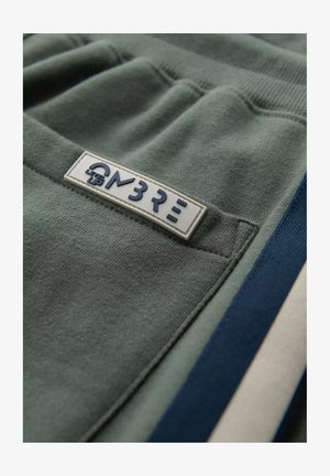 Joggers in cotone verde scuro con una tasca e un'etichetta bianca con testo blu. Presentano strisce a contrasto blu e crema.