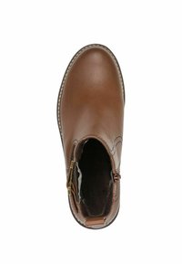 Brown leather ankle boot with rounded toe, side zipper, and cushioned interior, viewed from above on a white background.