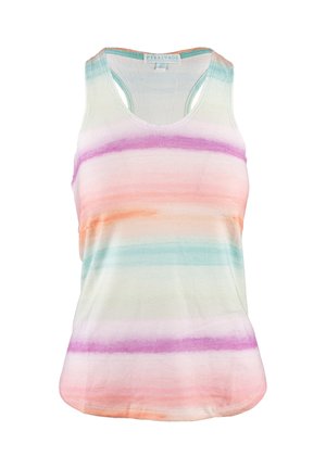 Mouwloze, lichte tanktop in pastelkleuren. Heeft horizontale strepen in roze, oranje, teal en paars op een witte achtergrond.
