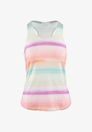 Bezrukávý, lehký top v pastelových barvách. Obsahuje horizontální pruhy v růžové, oranžové, tyrkysové a fialové na bílém pozadí.