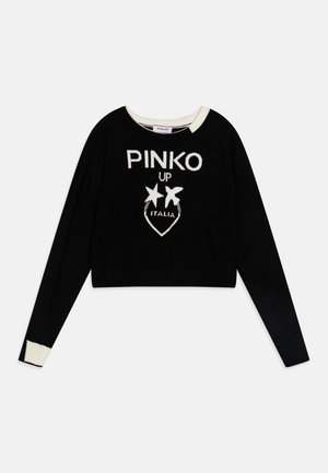 Maglione cropped nero con scollo rotondo e maniche lunghe. Presenta il logo in maglia bianca "PINKO UP ITALIA" con accent in forma di stella.