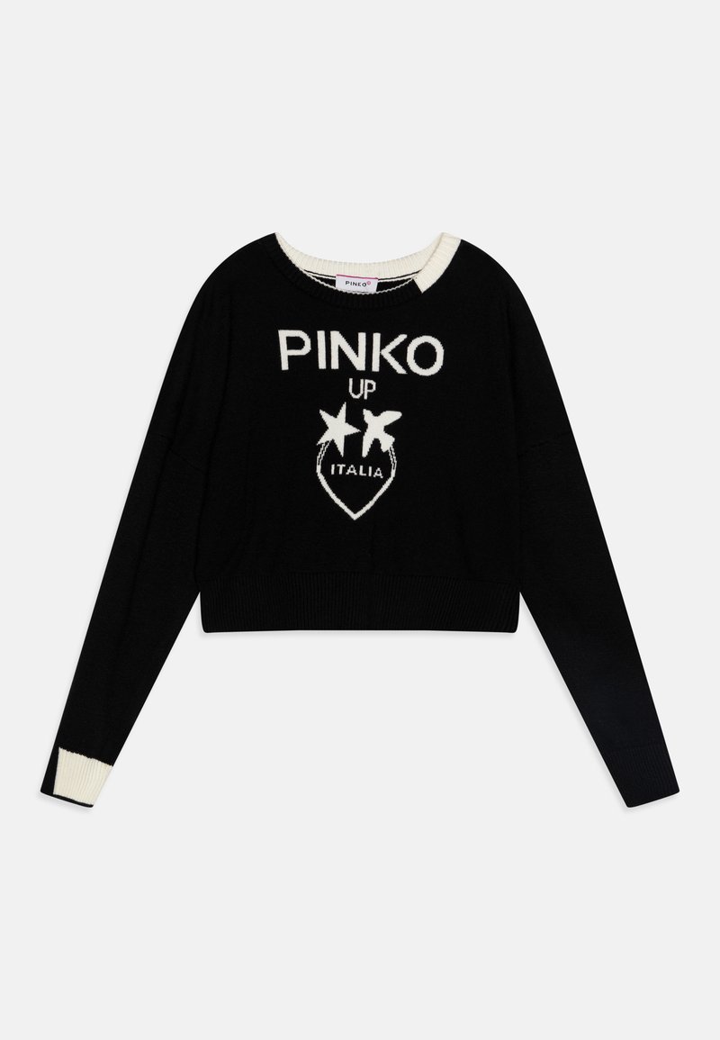 Maglione cropped nero con scollo rotondo e maniche lunghe. Presenta il logo in maglia bianca "PINKO UP ITALIA" con accent in forma di stella.