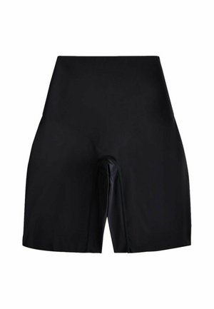 Black high-waisted cycling shorts with a smooth, fitted design and mid-thigh length made from stretchy fabric.