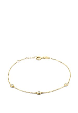 Delikat guldkæde armbånd med tre jævnt fordelt runde bezel-satte klare sten og en fjeder-ring lås.