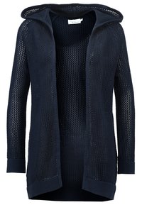 Sweter kardigan z kapturem, z otwartym przodem, długimi rękawami i teksturowanym, siateczkowym wzorem w ciemnym granatowym kolorze.