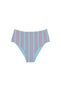 Bikini de tiro alto en azul claro con rayas rojas verticales, fabricado en tejido suave y con un diseño ajustado para mayor comodidad y soporte.