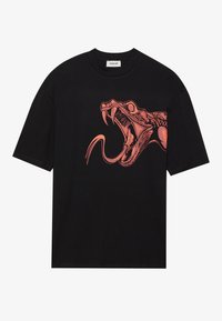 Black cotton t-shirt featuring a large red snake graphic on the front. Crew neckline and short sleeves, with a relaxed fit.