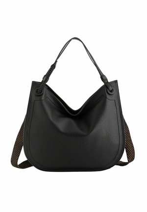 Czarna skórzana torba na ramię z zaokrąglonym dnem, teksturowanym wykończeniem, pojedynczym paskiem i paskowanym detalem materiałowym po bokach.