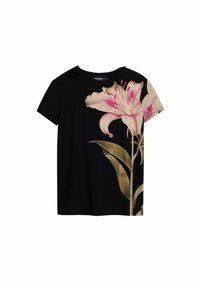 T-shirt noir à manches courtes présentant un grand imprimé floral d'un lys rose avec des feuilles vertes sur le côté gauche, texture côtelée.