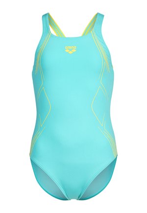 Maillot de bain une pièce turquoise avec des accents jaunes, doté de bretelles épaisses croisées dans le dos et d'un tissu lisse et extensible.