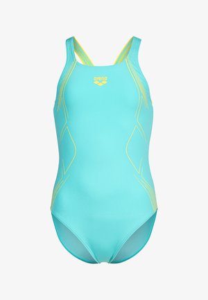 Costume intero turchese con dettagli gialli, caratterizzato da spalline spesse incrociate sulla schiena e da un materiale liscio ed elastico.