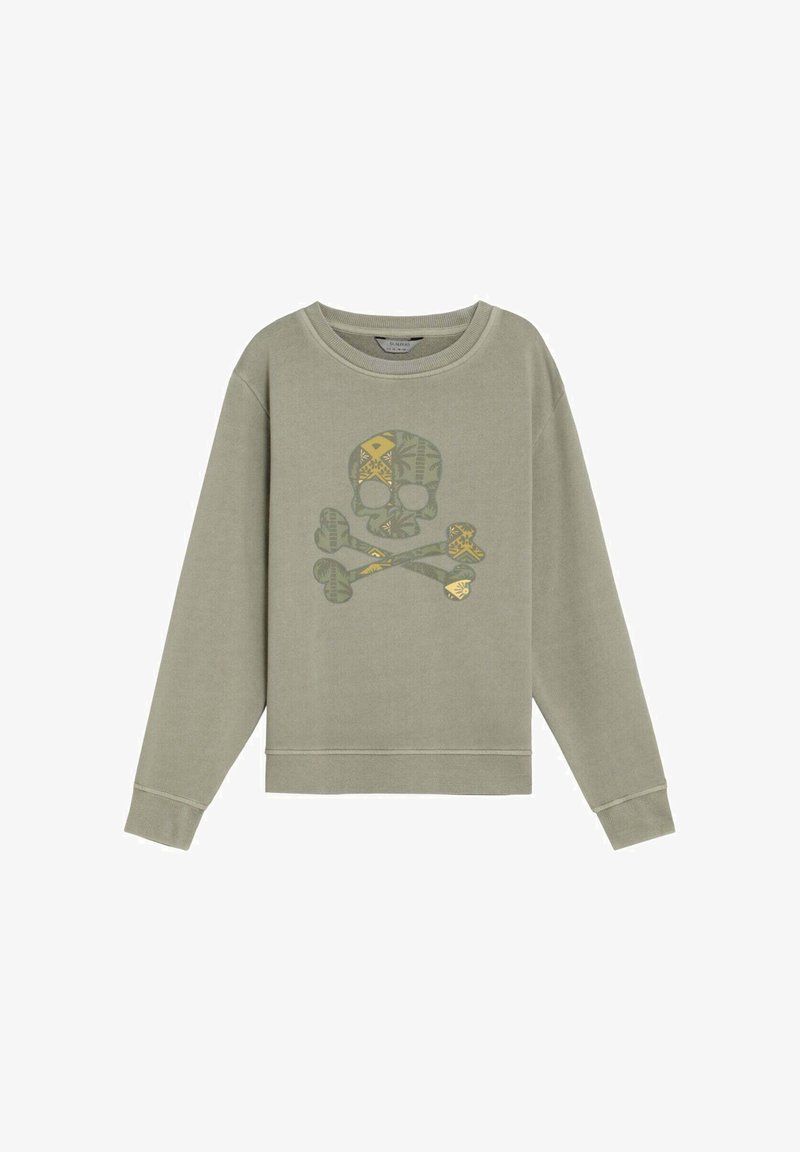 Sweat-shirt vert olive à col rond avec un motif de tête de mort et os croisés en tons jaunes et verts atténués.
