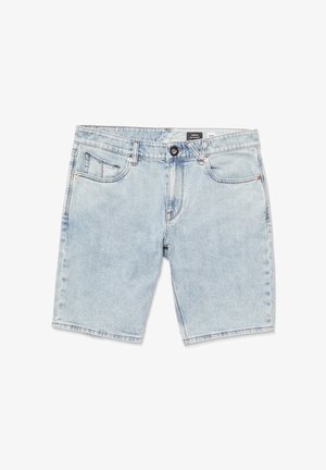 Light blue denim shorts with a classic cut, five pockets, a button and zip closure, and subtle fading in the fabric texture.