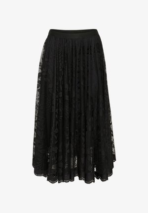 Jupe midi noire avec superposition de dentelle florale, taille élastique et ourlet festonné, présentée sur fond blanc.