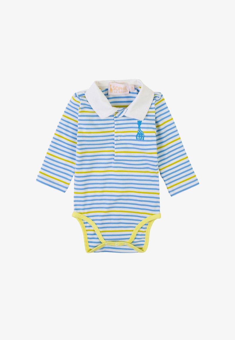 Body a maniche lunghe a righe in blu chiaro, bianco e giallo. Presenta un colletto e una giraffa ricamata in blu sul petto. Chiusure a scatto nella parte inferiore.