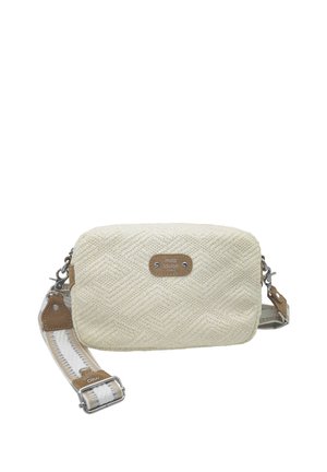 Sac bandoulière rectangulaire beige texturé avec détails en cuir et sangle réglable, avec plaque logo "mila louise PARIS" à l'avant.