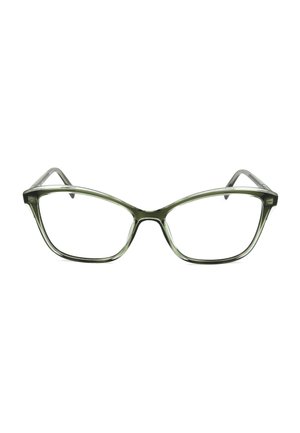 Occhiali da vista a occhi di gatto traslucidi verde chiaro con lenti trasparenti, montature leggermente spesse e aste curve su sfondo bianco.