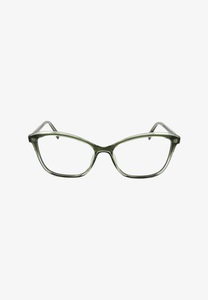 Occhiali da vista a occhi di gatto traslucidi verde chiaro con lenti trasparenti, montature leggermente spesse e aste curve su sfondo bianco.