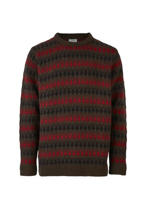 Knit sweater in dark green, featuring red and navy geometric patterns. Classic crew neckline and ribbed cuffs and hem.