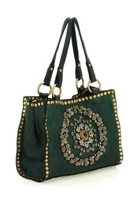 Borsa a tracolla in pelle verde scuro con fregi in oro, manici doppi con anelli dorati e un'applicazione centrale circolare in metallo a forma di fiore.