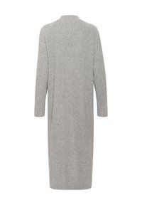 Long, ribbed gray cardigan with a high neck and long sleeves, featuring a straight cut and a soft texture. No visible hardware or patterns.
