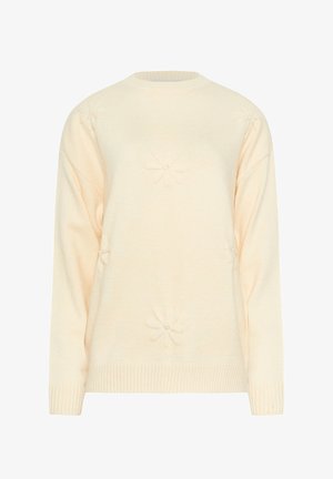 Gebreide trui in roomkleur met lange mouwen en subtiele verhoogde bloemmotieven op de voorkant en schouders.