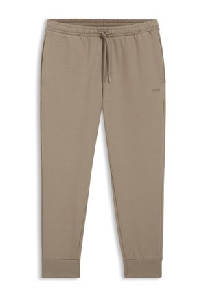 Μπεζ ριμπάτα φόρμα με ελαστική μέση, κορδόνι, ριμπάτα μανσέτα, πλαϊνές τσέπες και διακριτικό κεντητό λογότυπο BOSS στο δεξί μηρό.