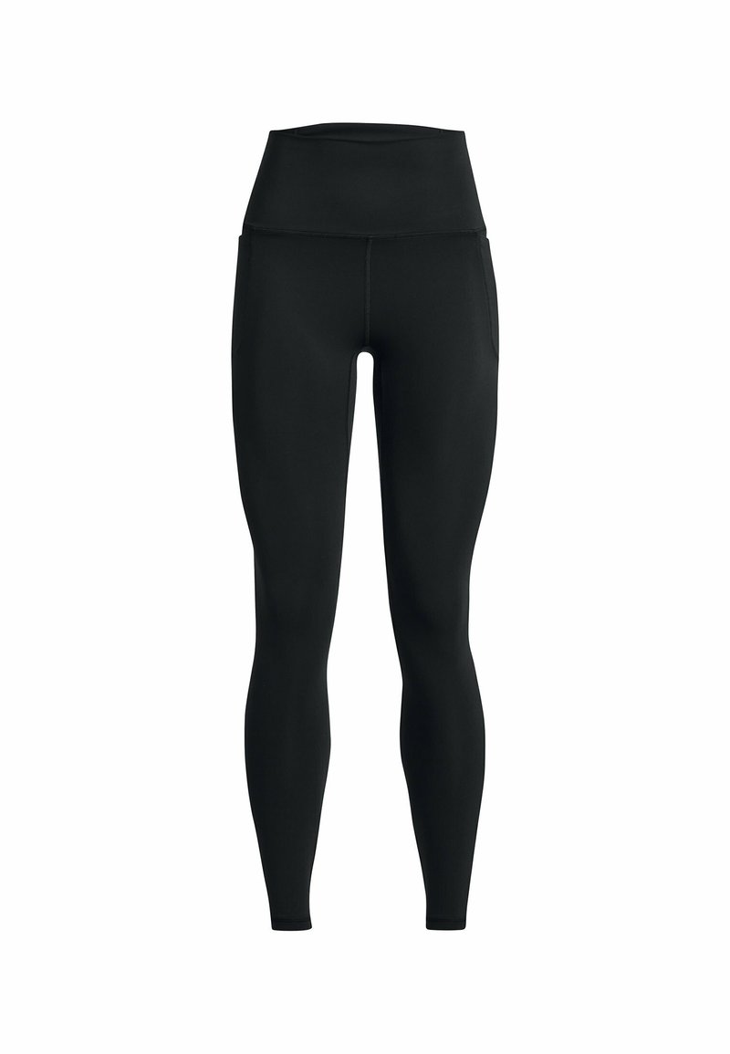 Schwarze Leggings mit hohem Bund, aus dehnbarem Stoff gefertigt. Sie zeichnen sich durch eine glatte Textur und eine enganliegende Passform aus, ideal für aktive Freizeit.