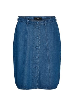 Blauer Denimrock mit vorne bezogenen Stoffknöpfen und wellenförmigen Saumdetails, mit Gürtelschlaufen und vertikalen Nähten.