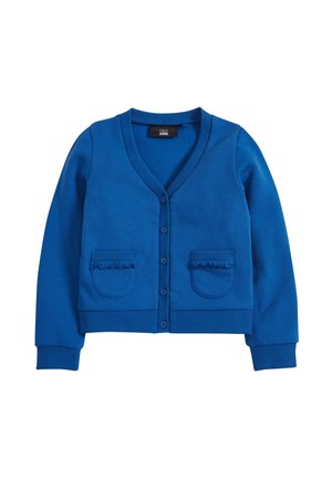 Blauer Baumwollcardigan mit V-Ausschnitt, vorderem Knopfverschluss und zwei Rüschentaschen. Ribbed Bündchen und Saum, glatte Textur.