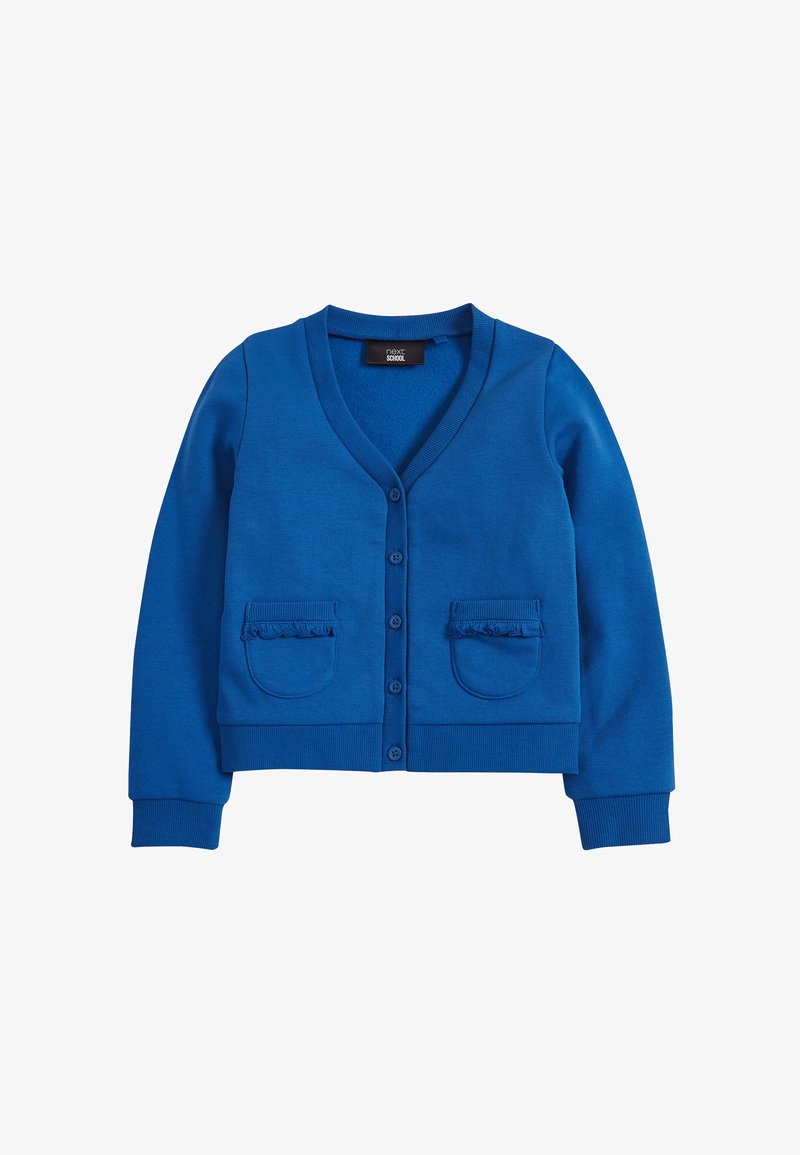 Blauer Baumwollcardigan mit V-Ausschnitt, vorderem Knopfverschluss und zwei Rüschentaschen. Ribbed Bündchen und Saum, glatte Textur.