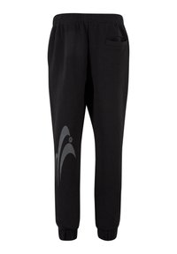 Sorte sweatpants med elastisk talje, smalle anklede cuffs og en sidelomme. Har et glansfuldt gråt logo-design på venstre ben.