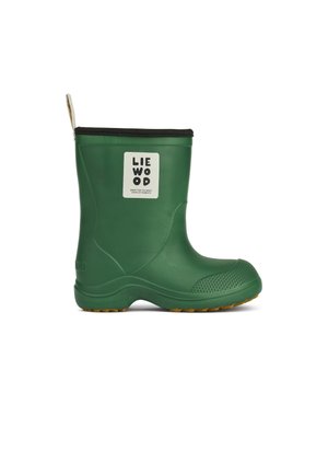 Botte de pluie verte pour enfants avec bordure noire, languette à l'arrière, bout texturé et patch logo rectangulaire blanc sur le côté.