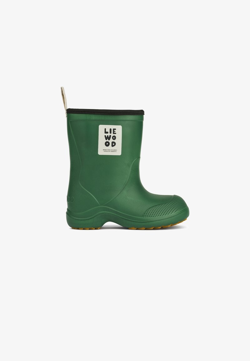 Botte de pluie verte pour enfants avec bordure noire, languette à l'arrière, bout texturé et patch logo rectangulaire blanc sur le côté.