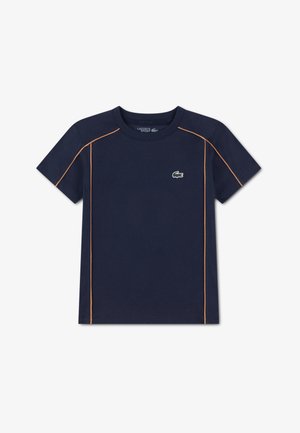 Navy blue cotton t-shirt with short sleeves, featuring orange stitching along the shoulders and a small green logo on the chest.