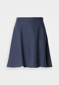 Navy blue linen skirt with a flared design, lightweight texture, mid-length cut, and stitched detailing along the seams.
